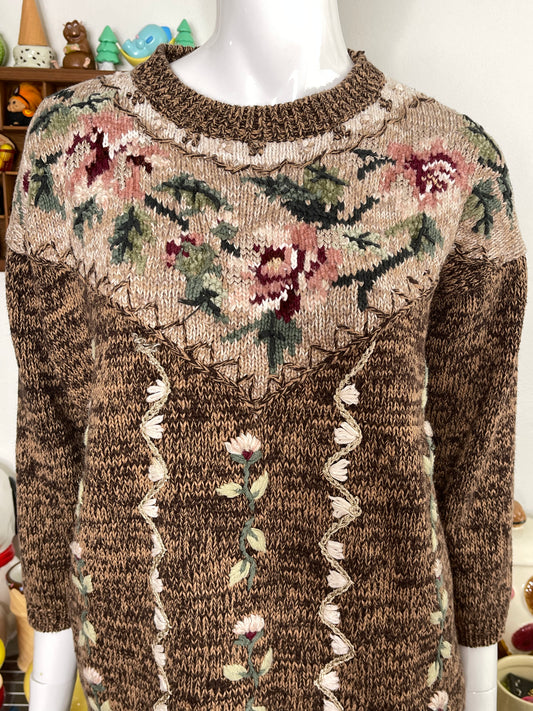 90s chunky grandma floral knit sweater sz M