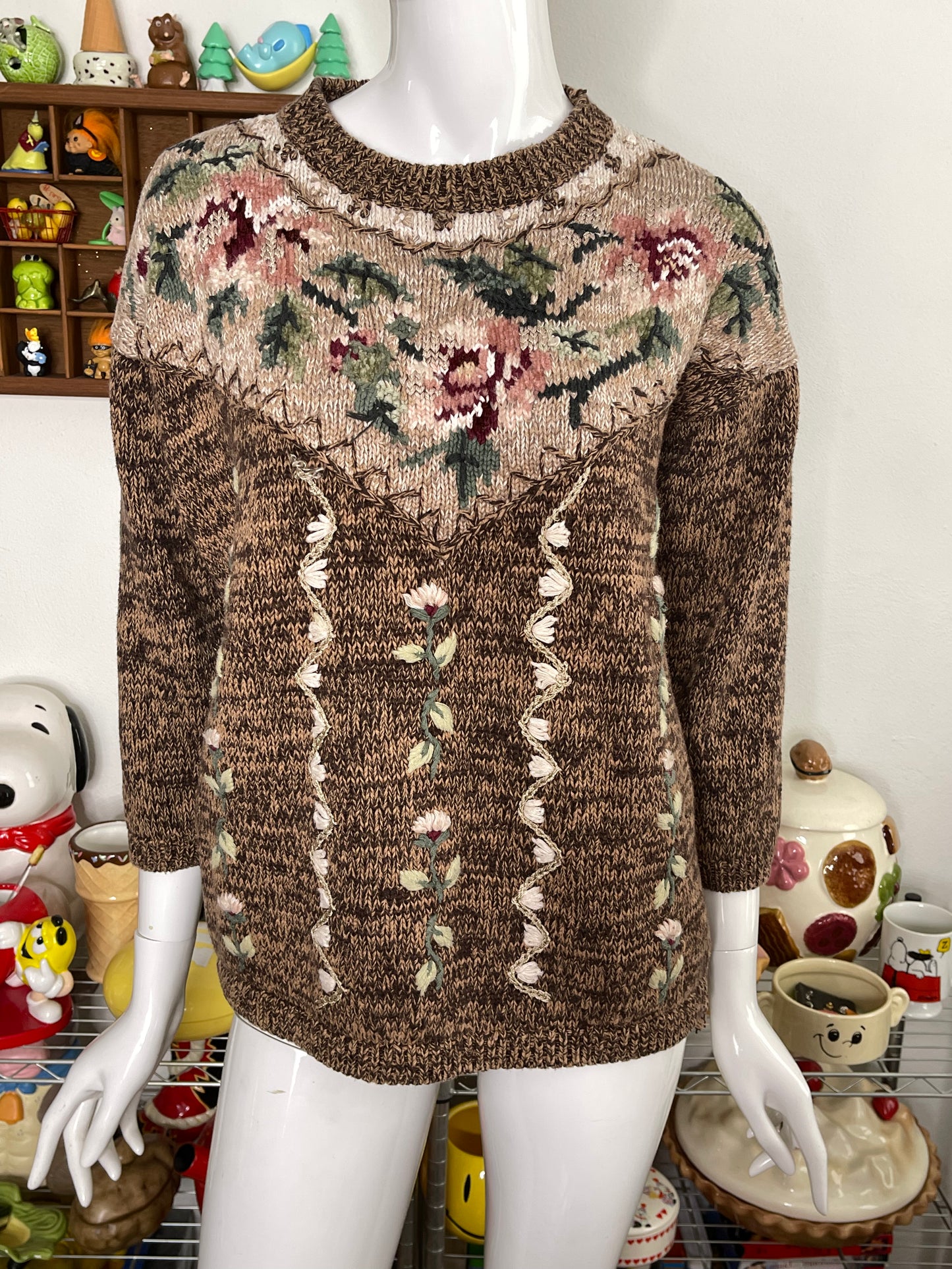 90s chunky grandma floral knit sweater sz M