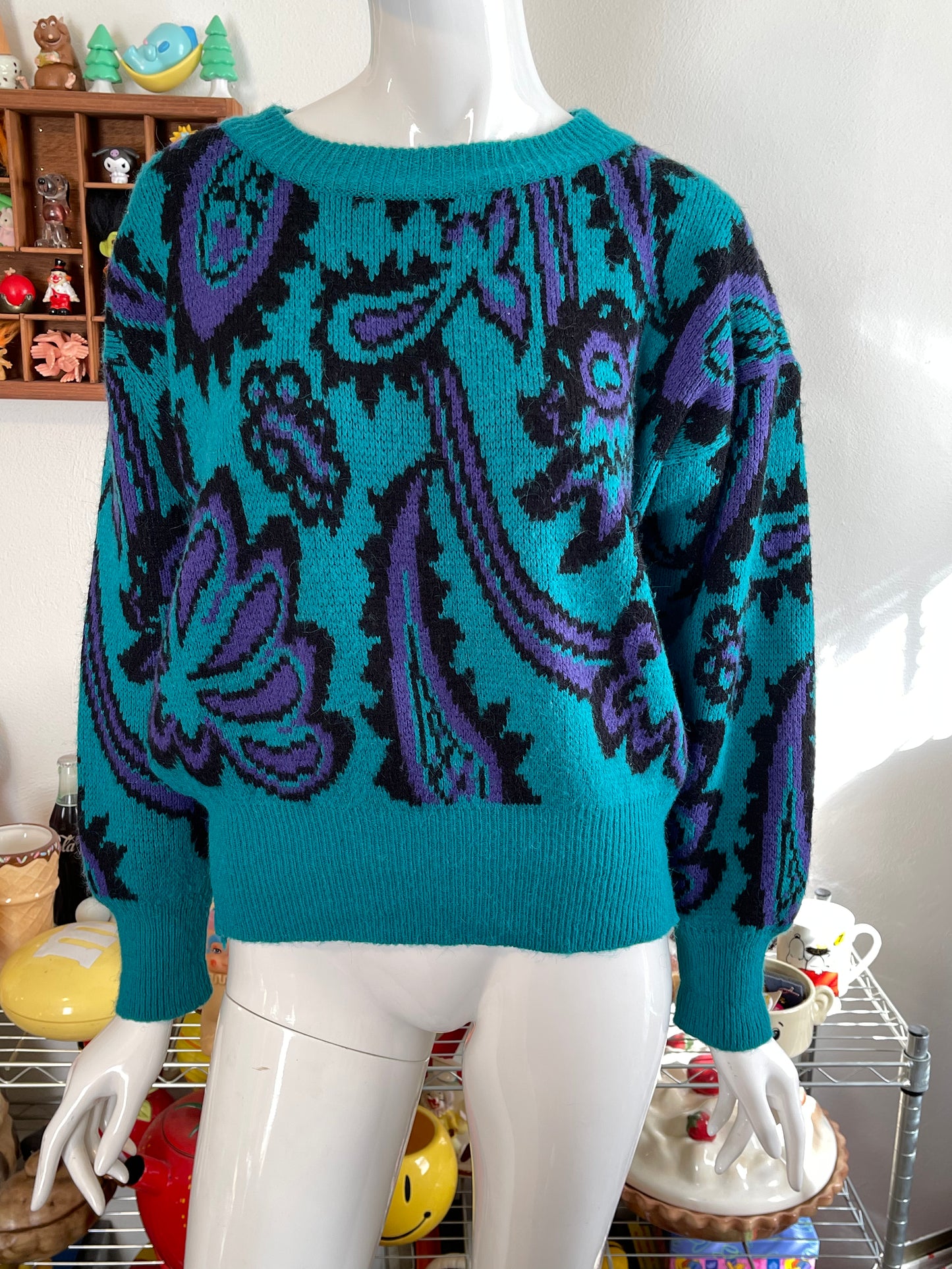 Vintage 90s Teal Green Paisley Knit Sweater Sz M