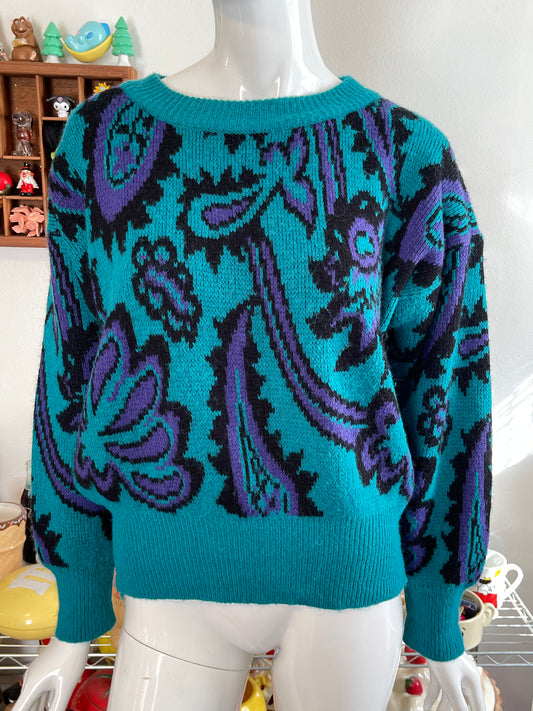 Vintage 90s Teal Green Paisley Knit Sweater Sz M