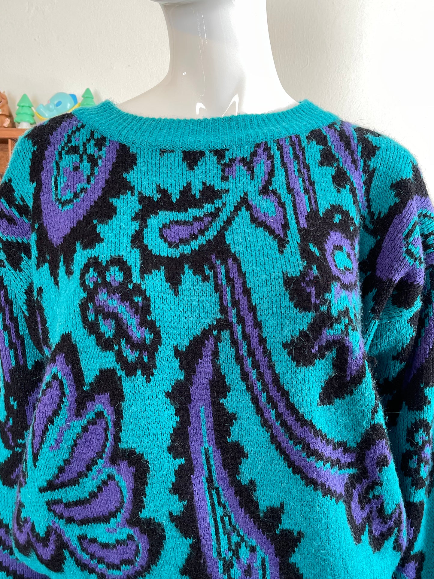 Vintage 90s Teal Green Paisley Knit Sweater Sz M