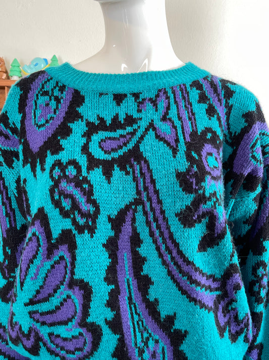 Vintage 90s Teal Green Paisley Knit Sweater Sz M