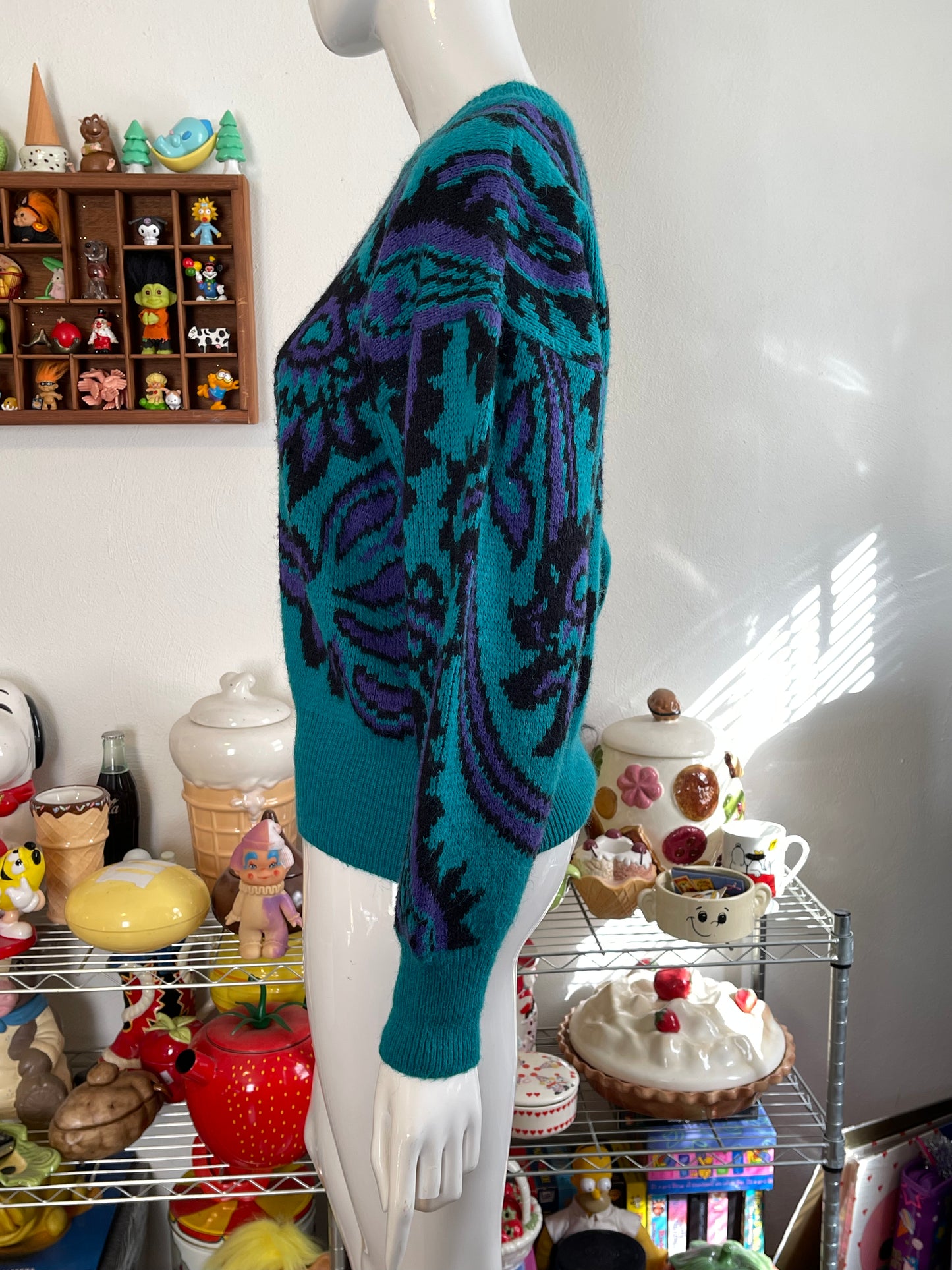 Vintage 90s Teal Green Paisley Knit Sweater Sz M