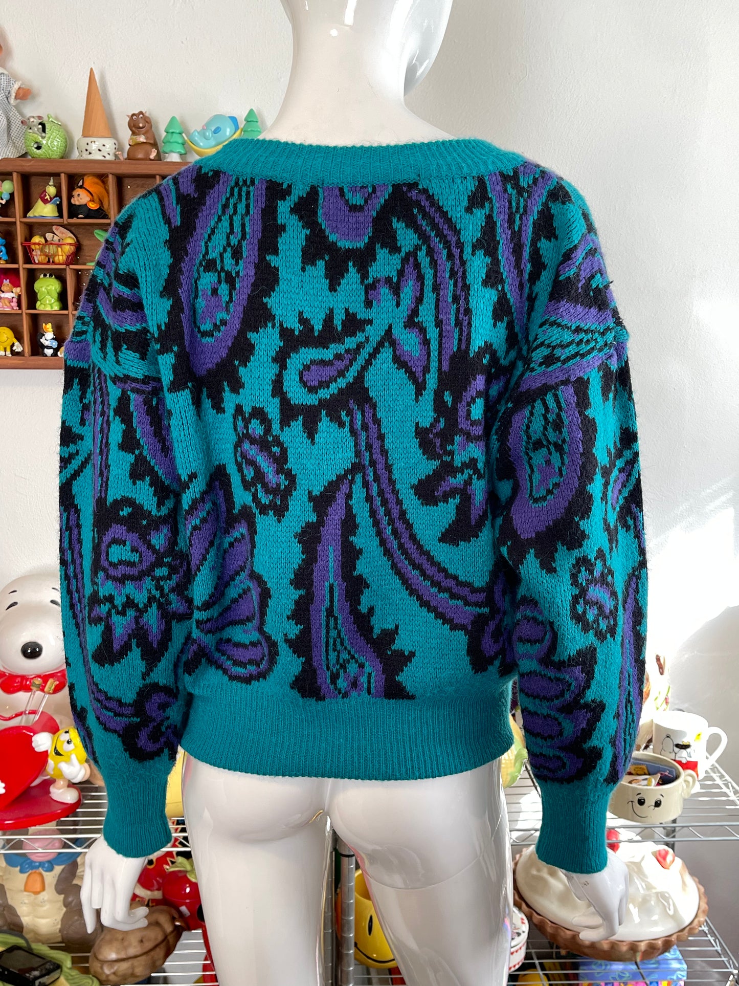 Vintage 90s Teal Green Paisley Knit Sweater Sz M