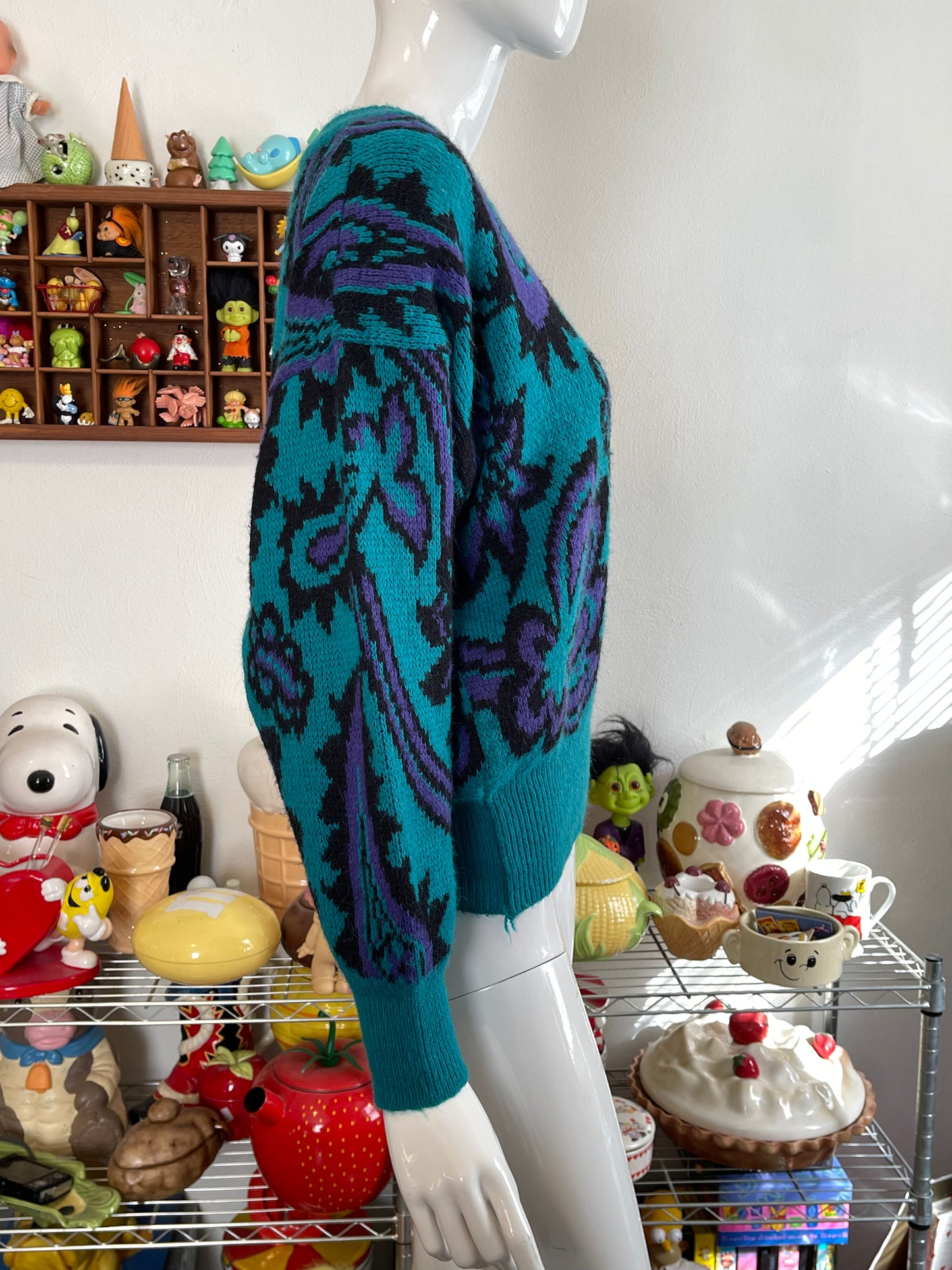 Vintage 90s Teal Green Paisley Knit Sweater Sz M