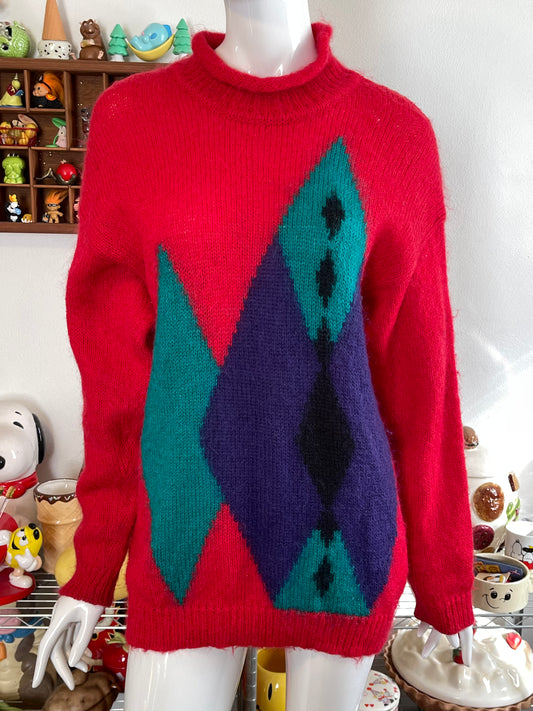 Vintage Red Oversized Geometric Mohair Knit Sweater Sz M