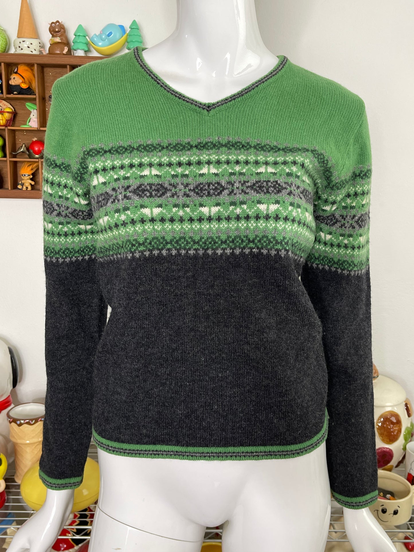 Vintage 90s Fair Isle Green Gap Lambs Wool Long Sleeve Sz S/M