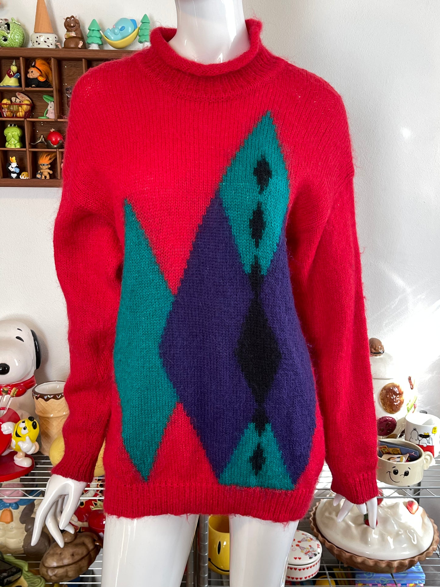 Vintage Red Oversized Geometric Mohair Knit Sweater Sz M