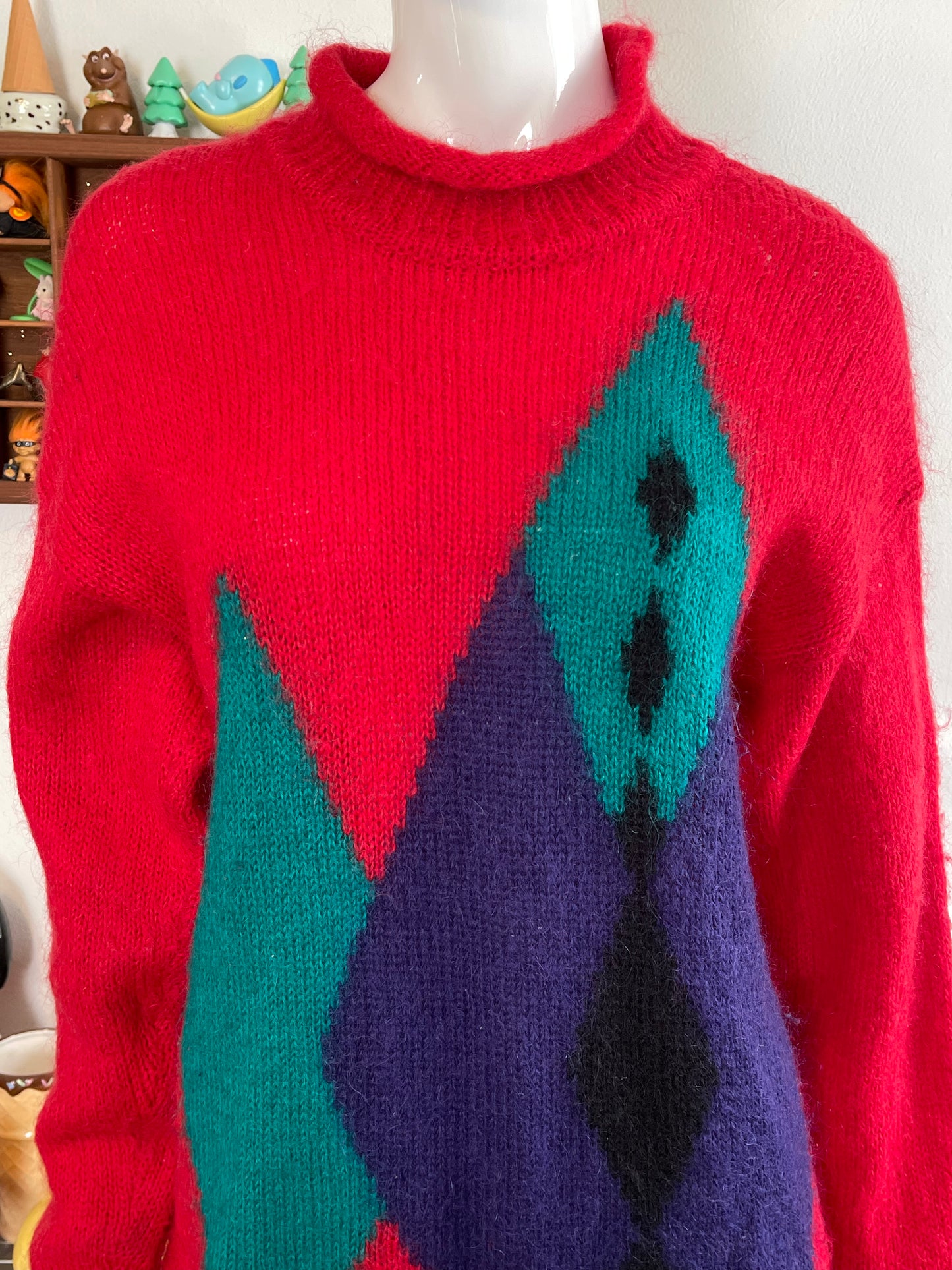 Vintage Red Oversized Geometric Mohair Knit Sweater Sz M
