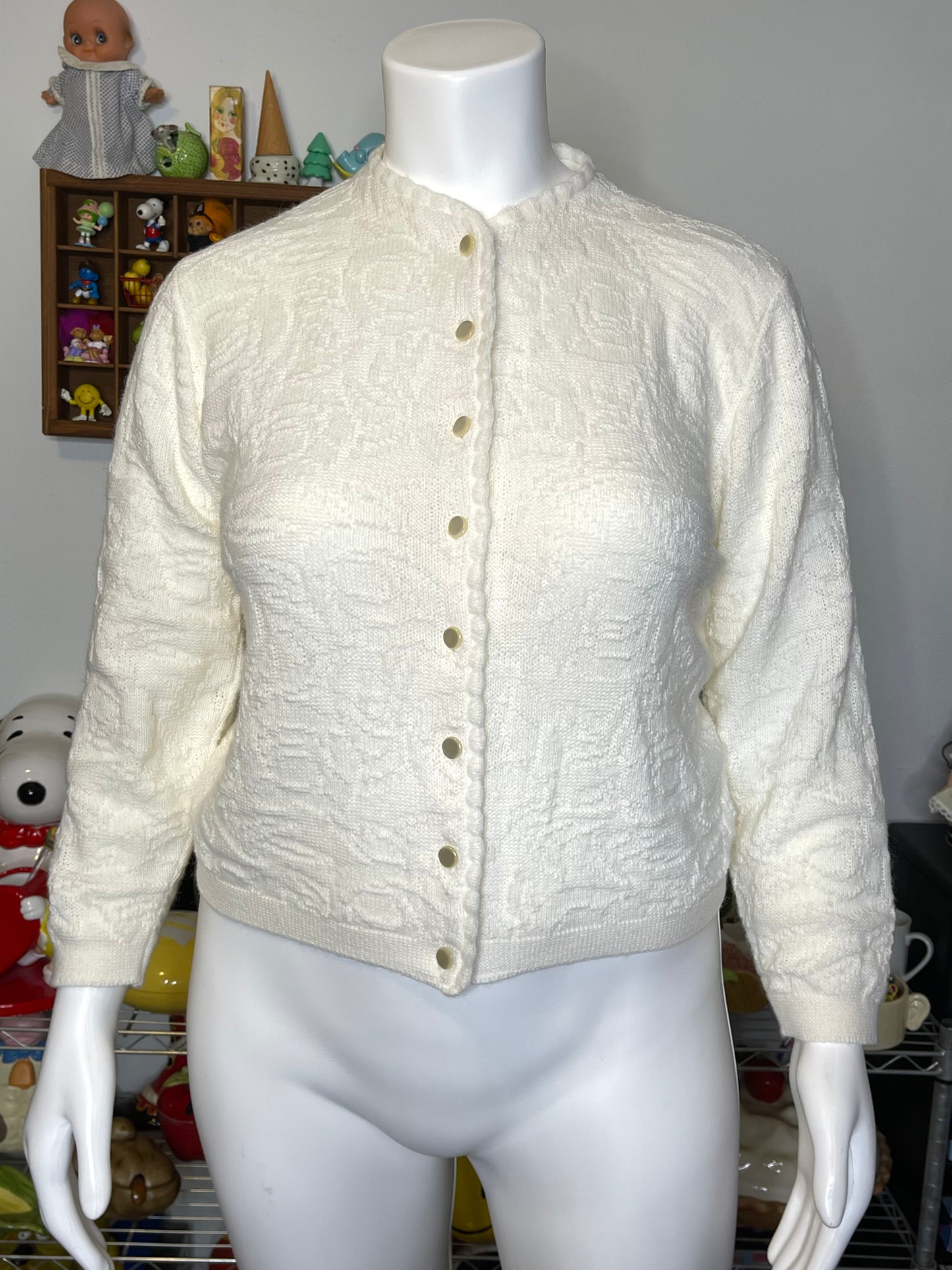Vintage Cream White Cozy Knit Cardigan Sz L