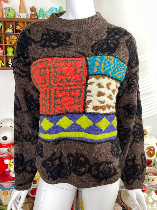 Vintage 90s Brown Funky Colorful Fuzzy Patchwork Knit Sweater Sz M