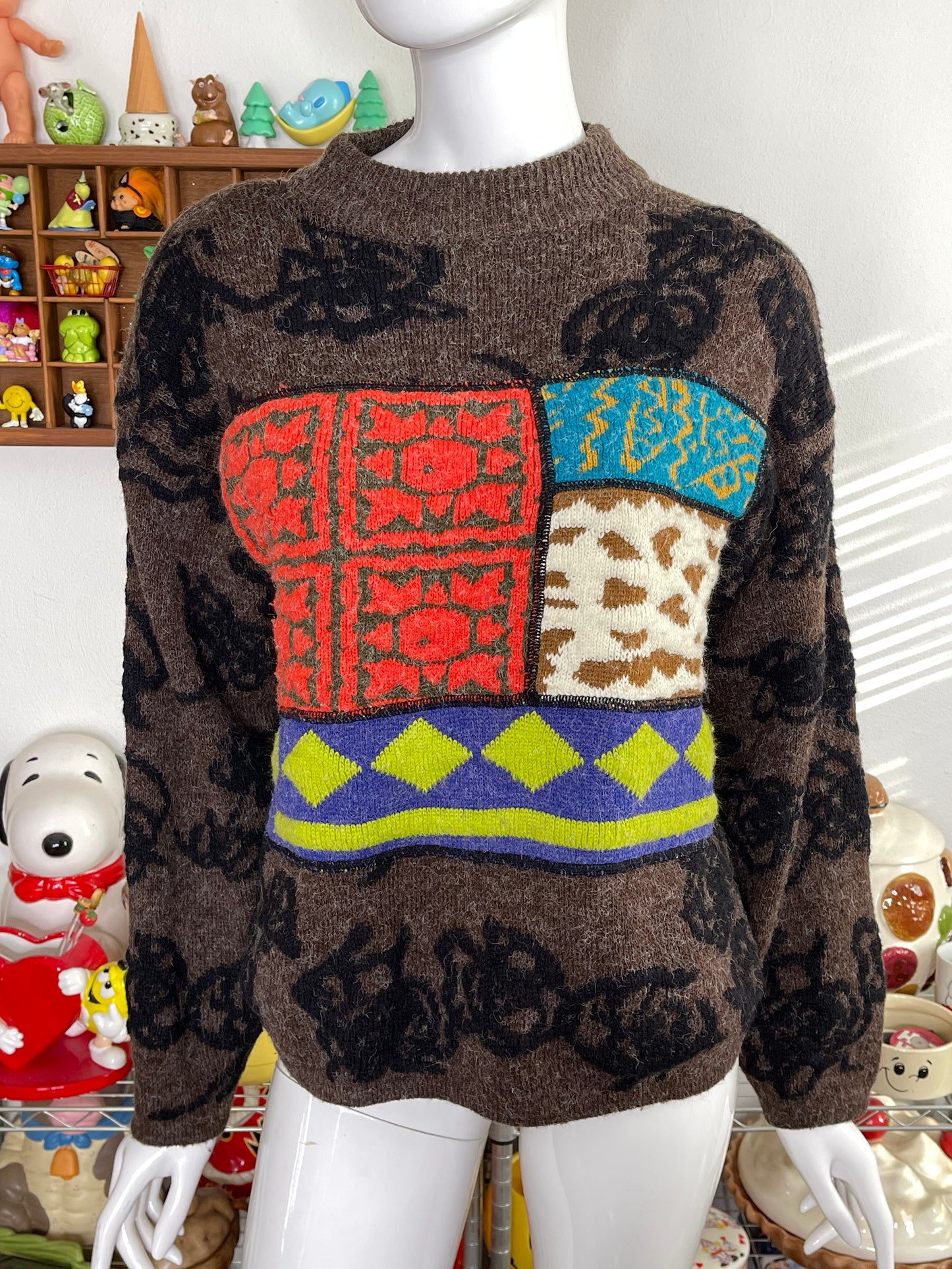 Vintage 90s Brown Funky Colorful Fuzzy Patchwork Knit Sweater Sz M