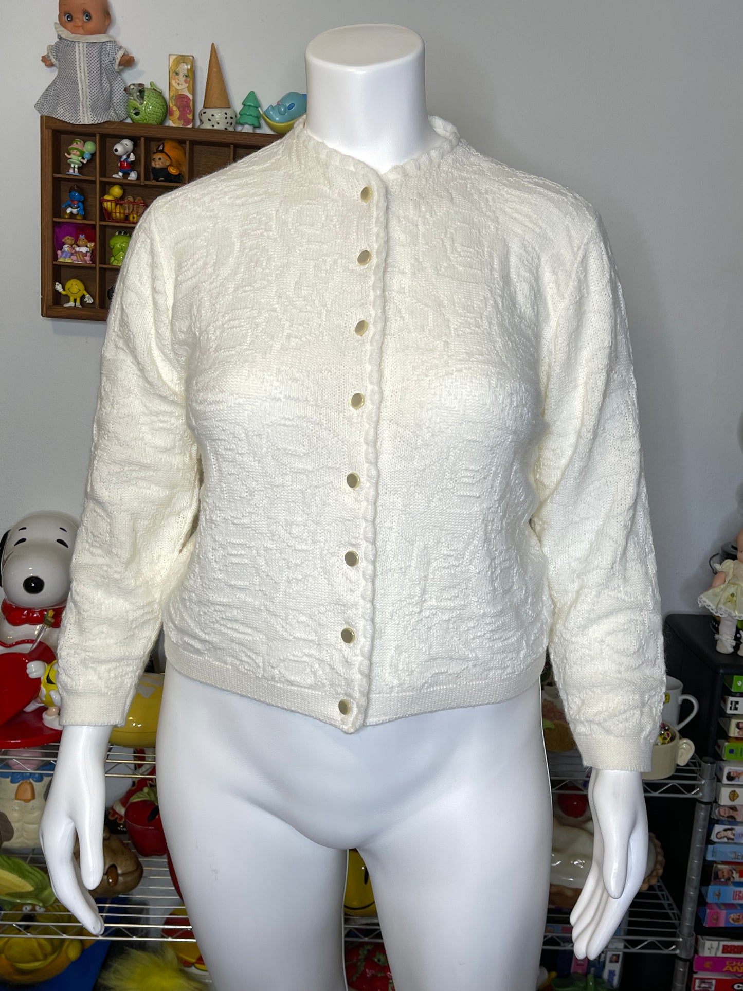 Vintage Cream White Cozy Knit Cardigan Sz L