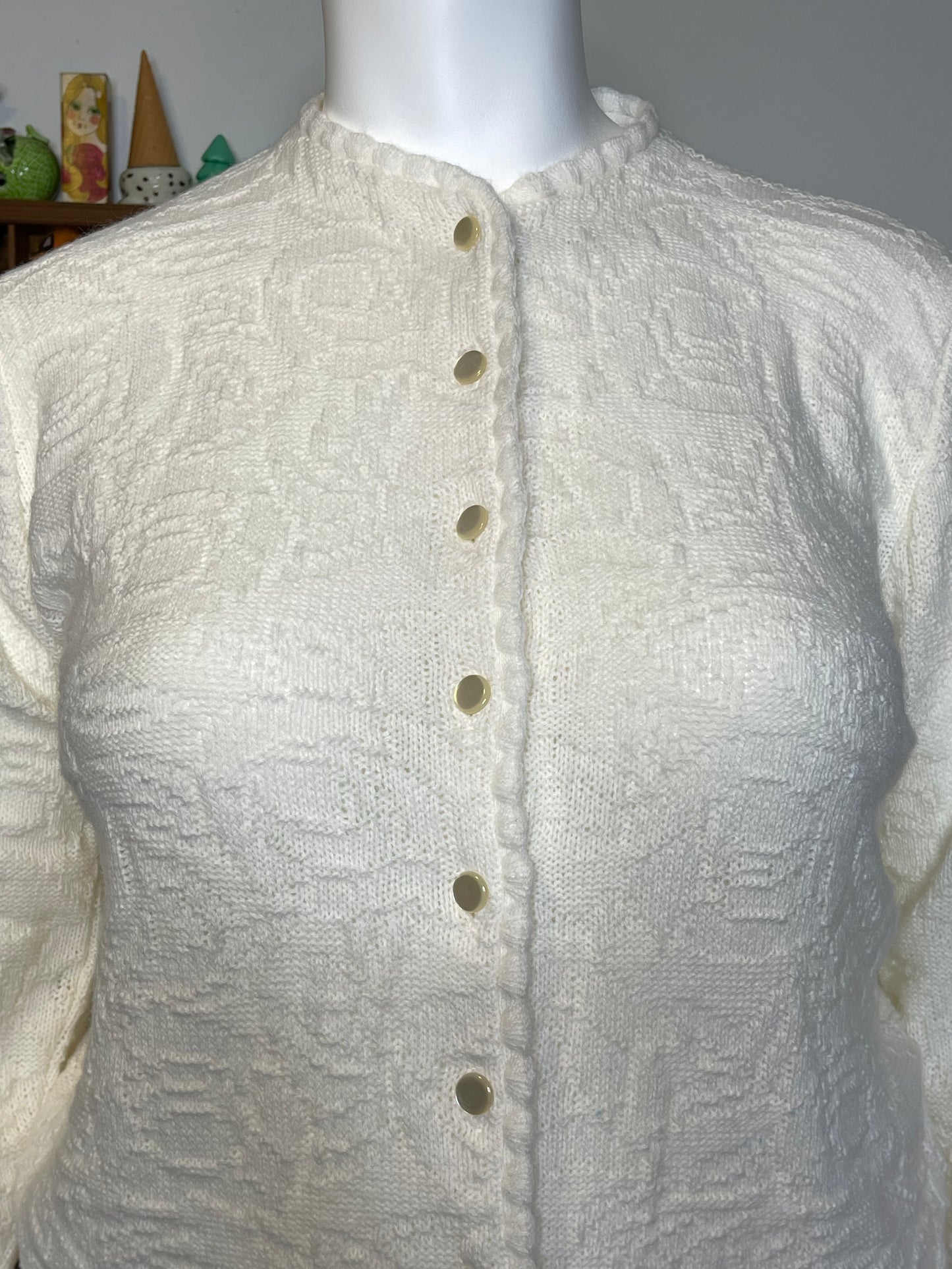Vintage Cream White Cozy Knit Cardigan Sz L