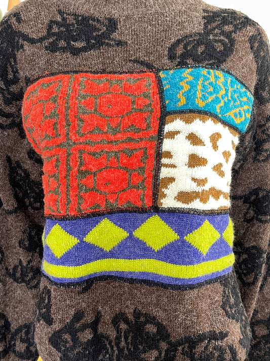 Vintage 90s Brown Funky Colorful Fuzzy Patchwork Knit Sweater Sz M