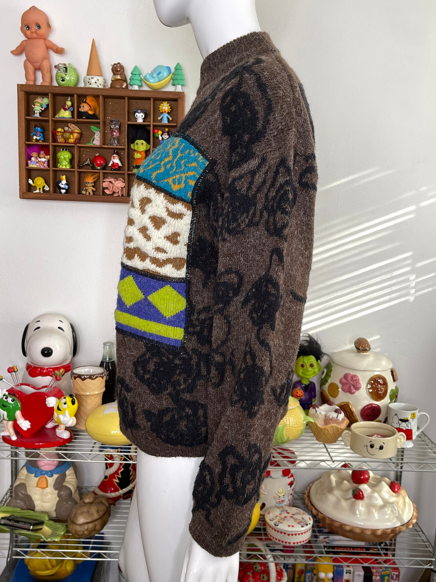 Vintage 90s Brown Funky Colorful Fuzzy Patchwork Knit Sweater Sz M