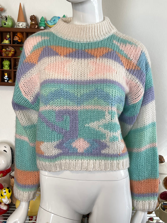 Vintage Funky Pastel Chunky Loose Knit Semi Cropped Sweater Sz M