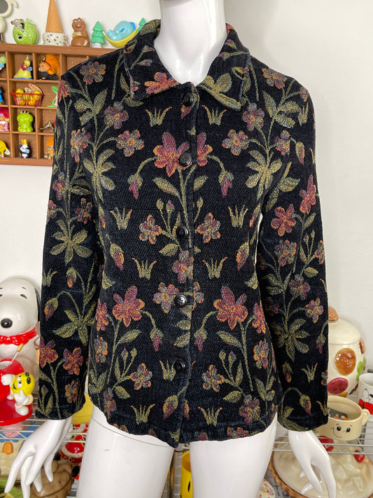 Vintage Black Floral Tapestry Chenille Jacket Sz S
