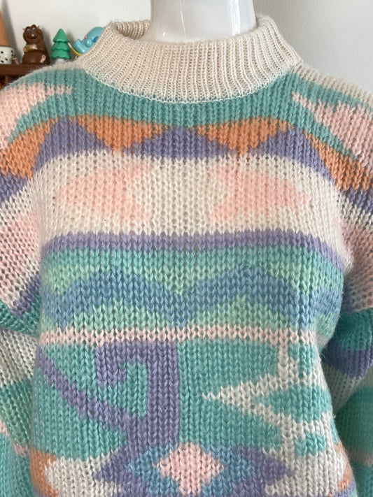 Vintage Funky Pastel Chunky Loose Knit Semi Cropped Sweater Sz M
