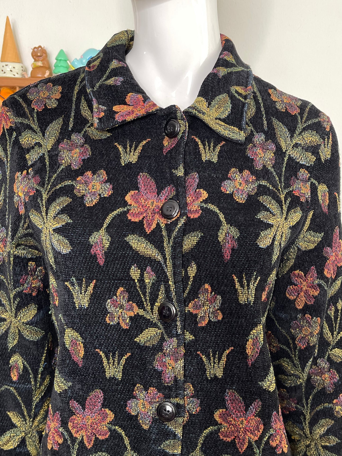 Vintage Black Floral Tapestry Chenille Jacket Sz S