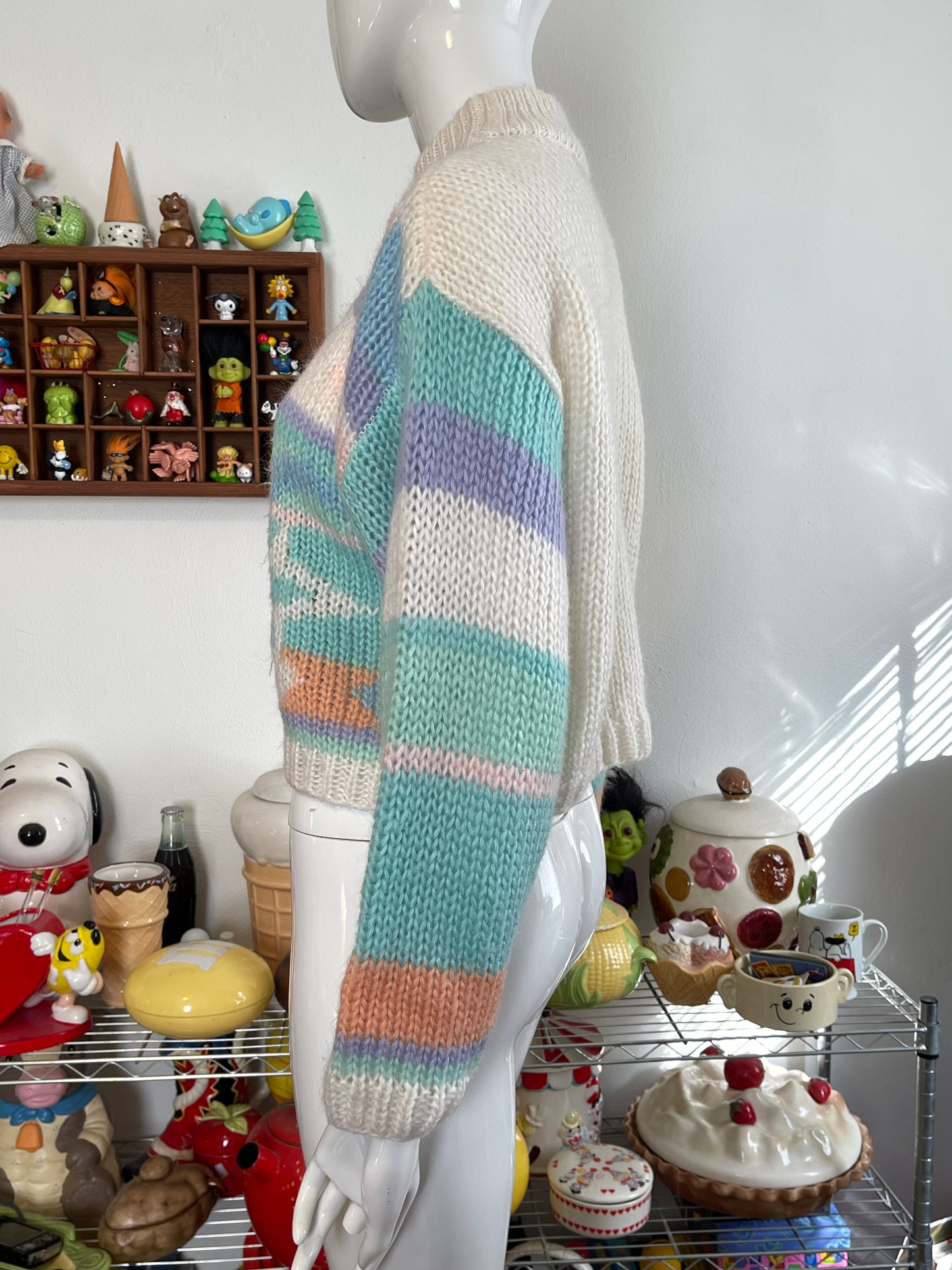 Vintage Funky Pastel Chunky Loose Knit Semi Cropped Sweater Sz M