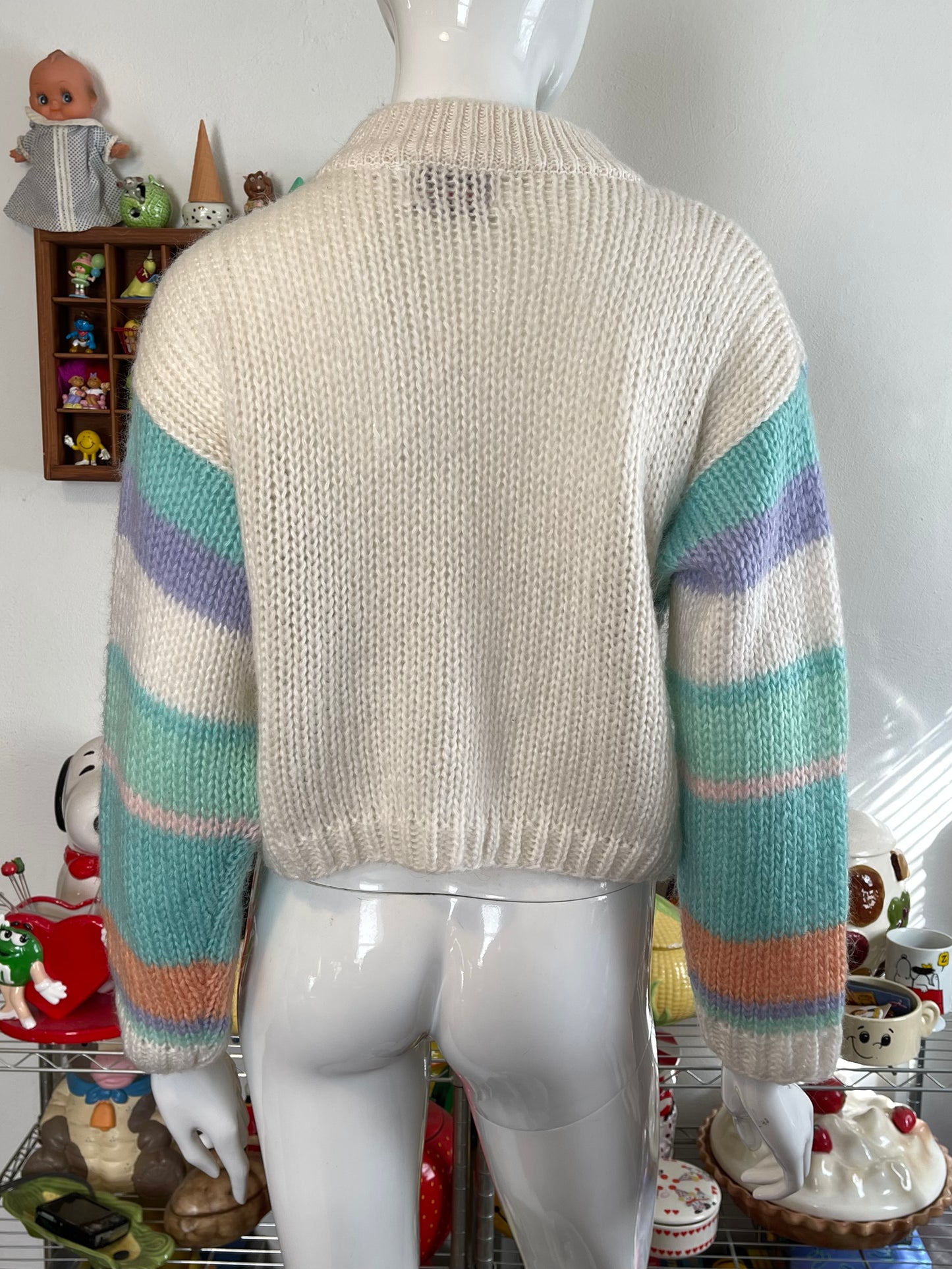 Vintage Funky Pastel Chunky Loose Knit Semi Cropped Sweater Sz M