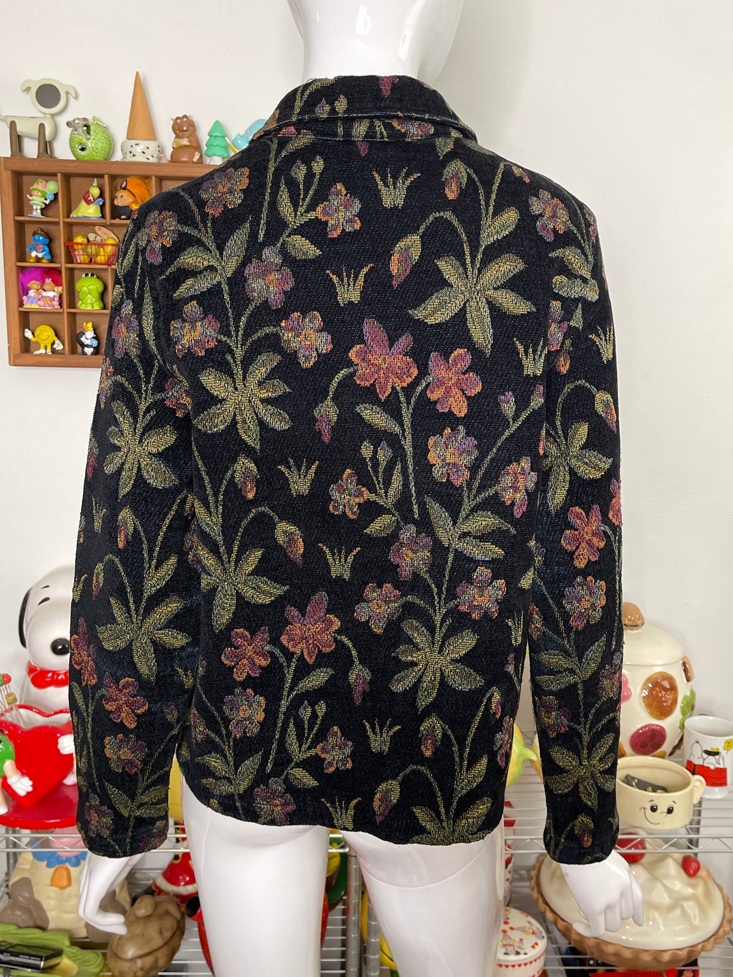 Vintage Black Floral Tapestry Chenille Jacket Sz S