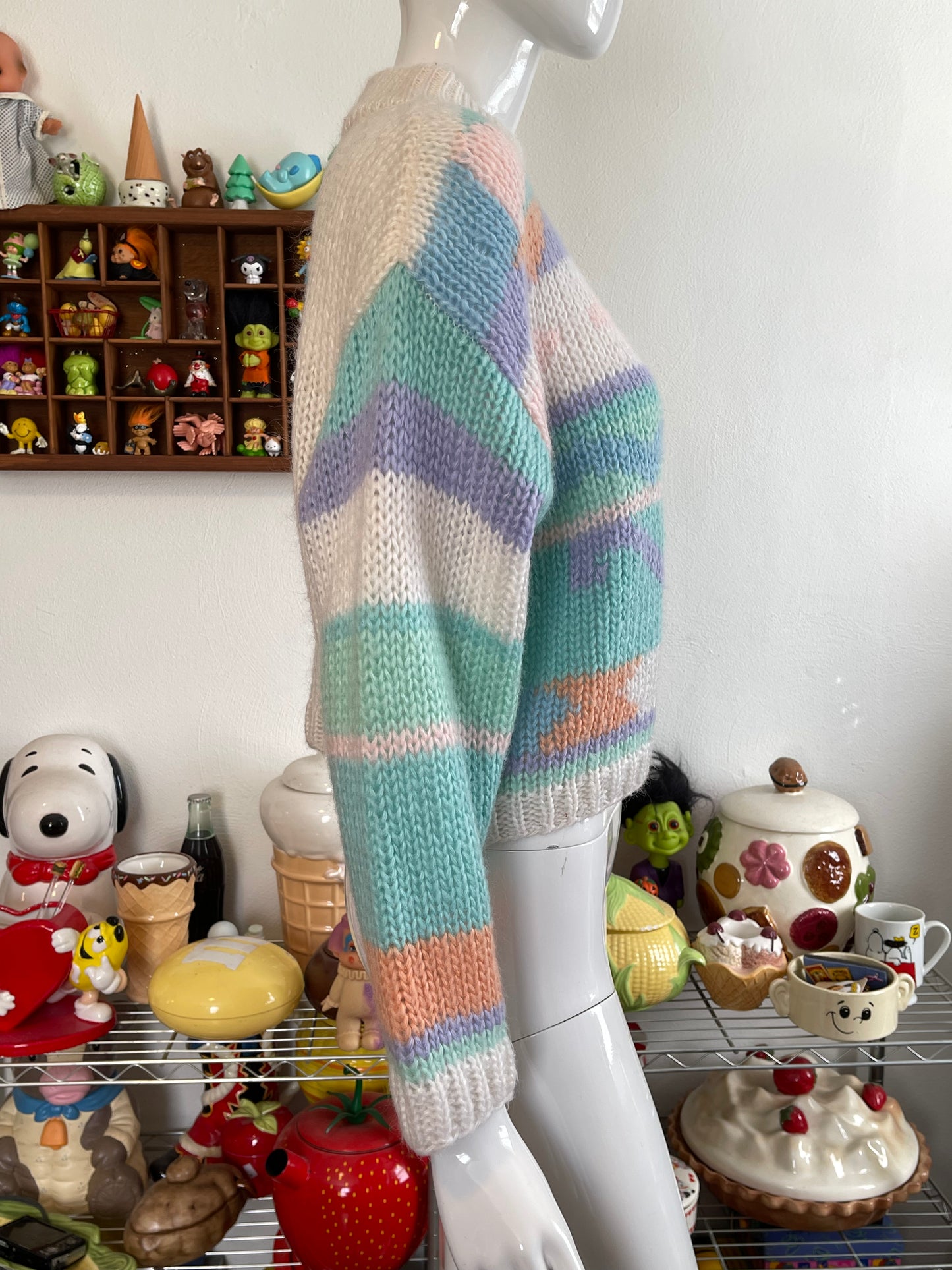 Vintage Funky Pastel Chunky Loose Knit Semi Cropped Sweater Sz M