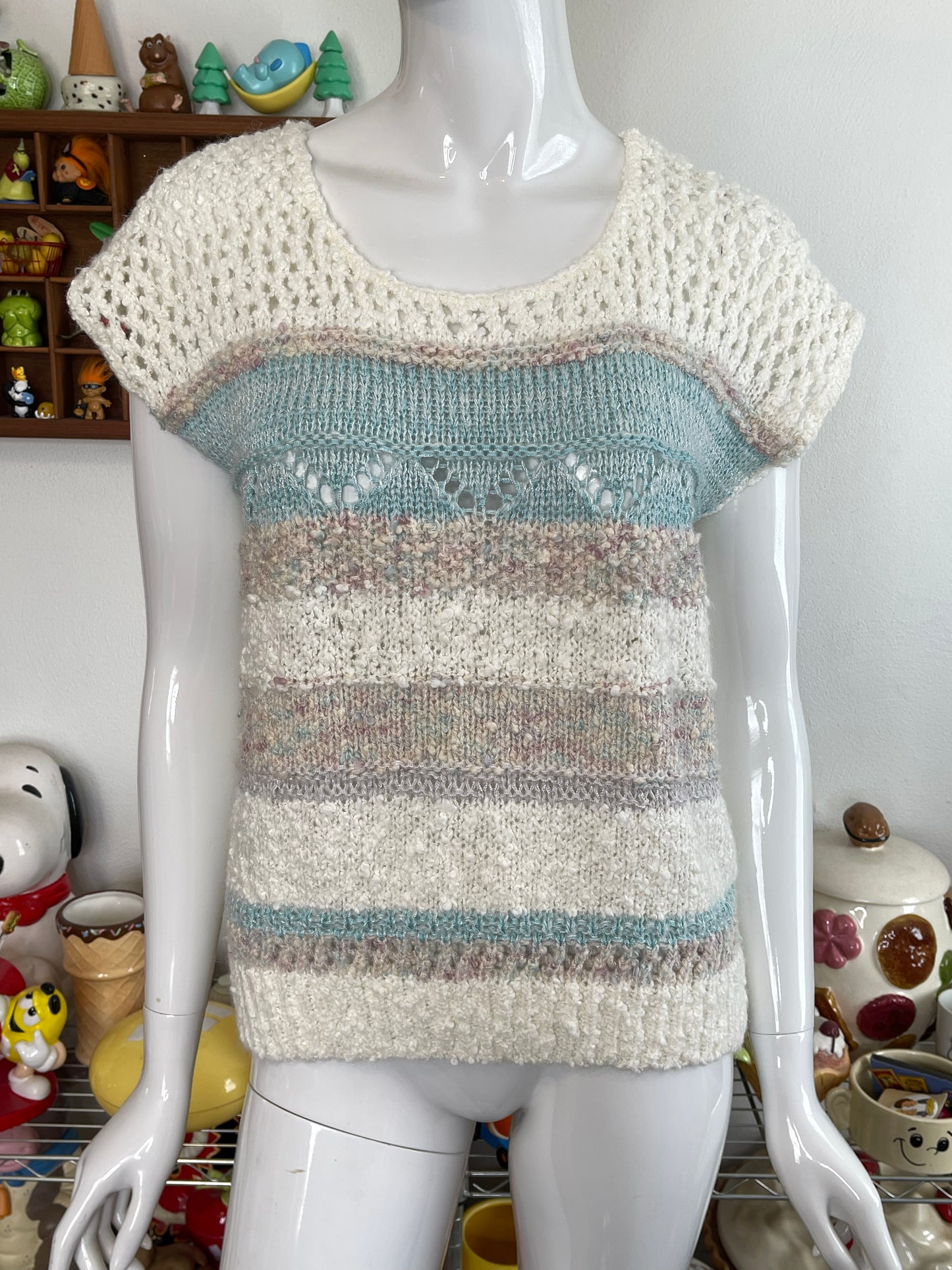 Vintage 90s Cream Pastel Chunky Popcorn Style Knit Sweater Vest Sz M