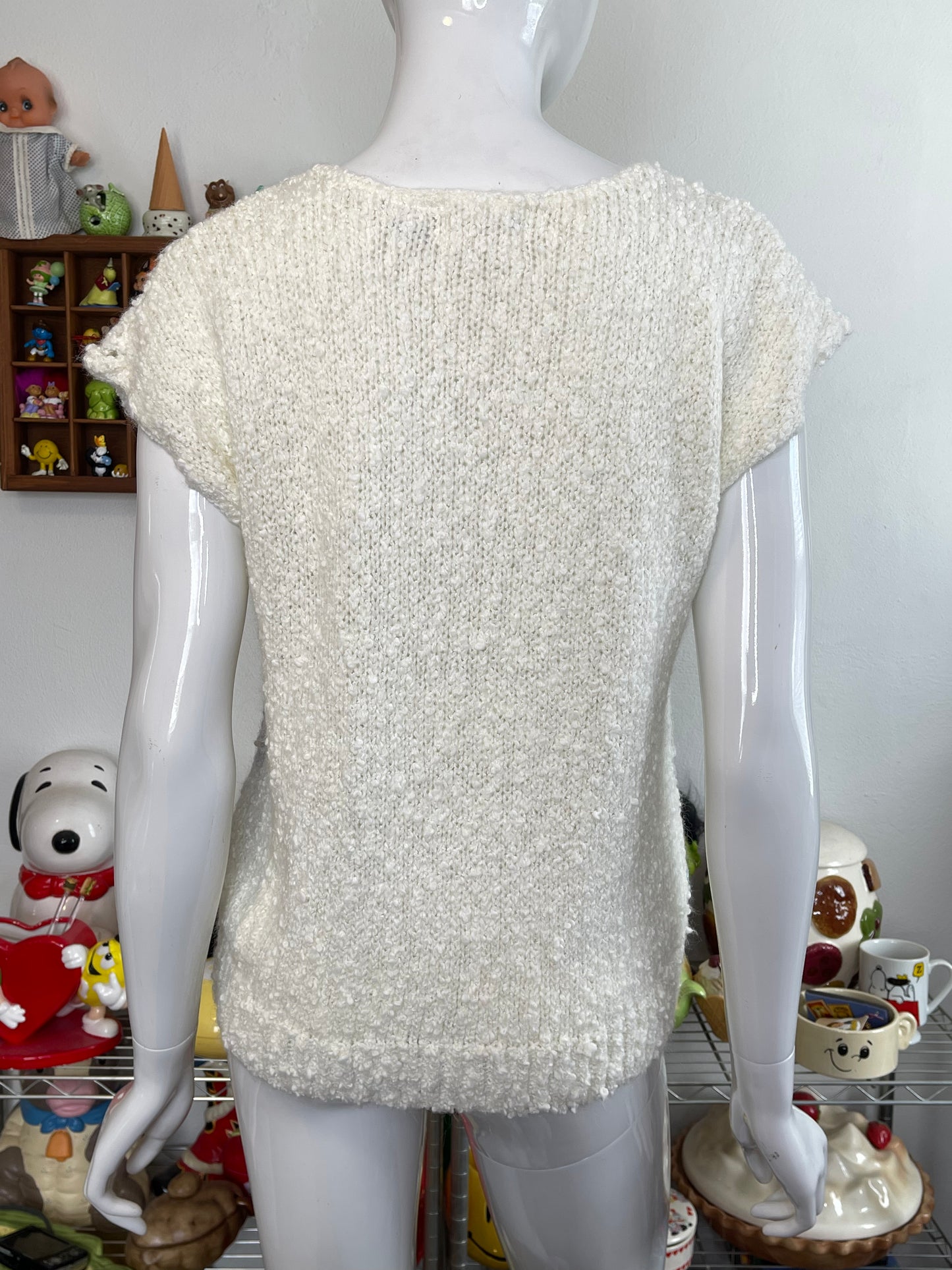 Vintage 90s Cream Pastel Chunky Popcorn Style Knit Sweater Vest Sz M