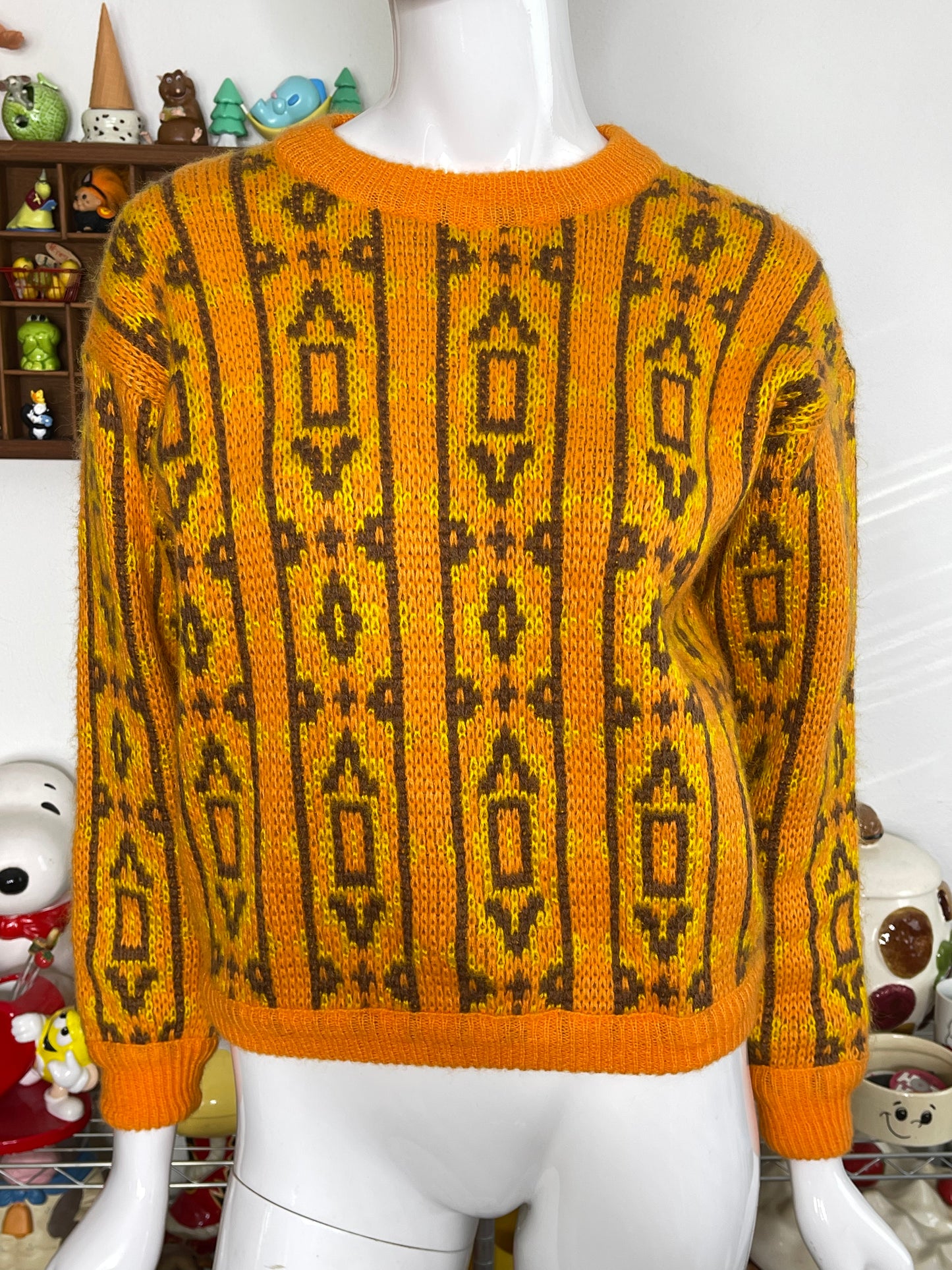Vintage 90s Retro Geometric Pattern Mohair Blend Knit Sweater Sz M