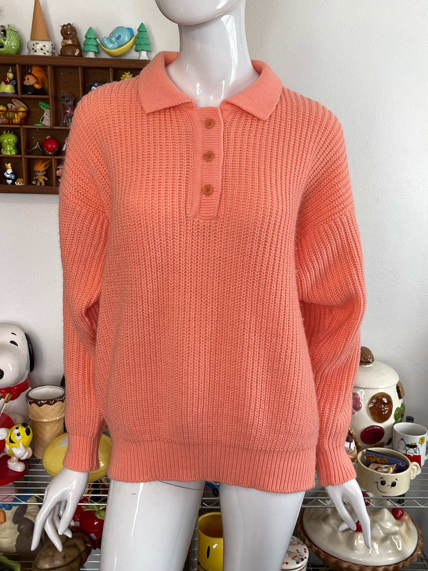 Vintage 90s Peachy Coral Collared Oversized Knit Sweater Sz M
