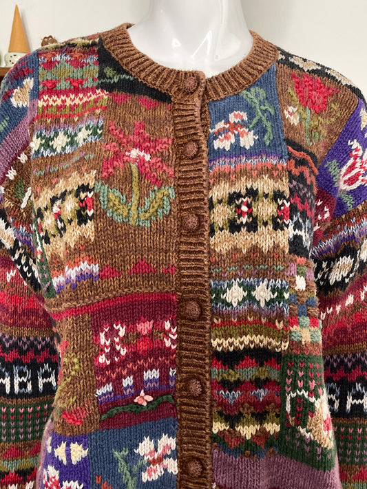 Vintage 90s Brown Floral Cottagecore Chunky Knit Cardigan Sz M