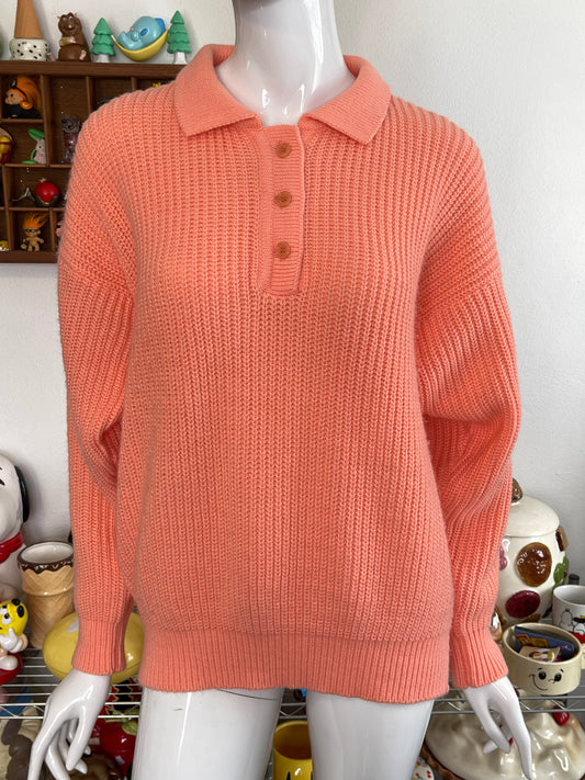 Vintage 90s Peachy Coral Collared Oversized Knit Sweater Sz M
