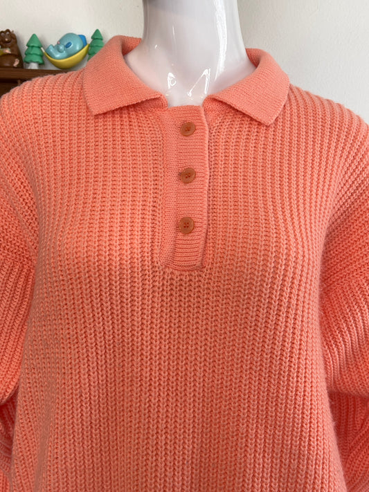 Vintage 90s Peachy Coral Collared Oversized Knit Sweater Sz M
