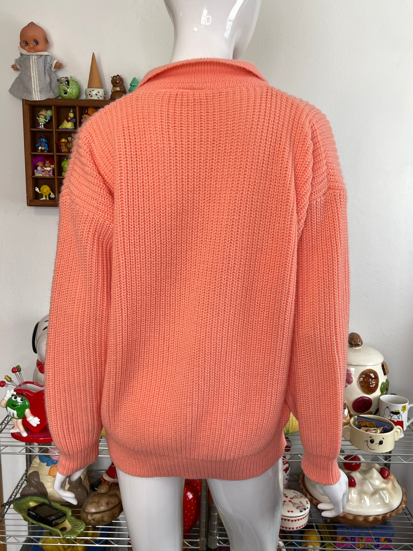 Vintage 90s Peachy Coral Collared Oversized Knit Sweater Sz M