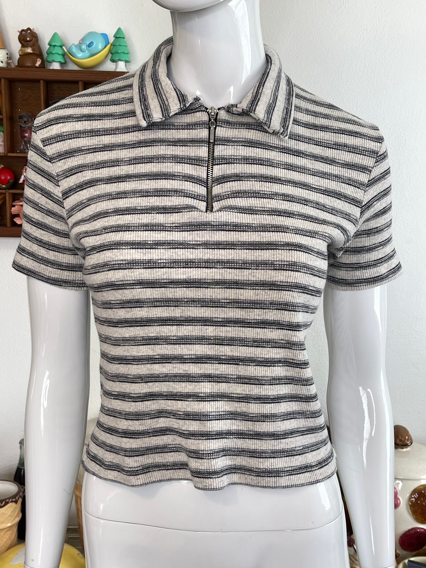 Vintage 90s Striped Ribbed Semi Cropped Collared Top Sz M