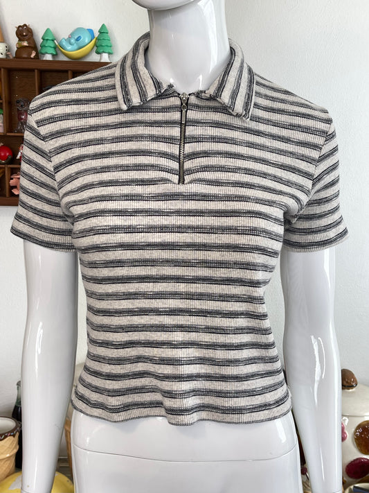 Vintage 90s Striped Ribbed Semi Cropped Collared Top Sz M