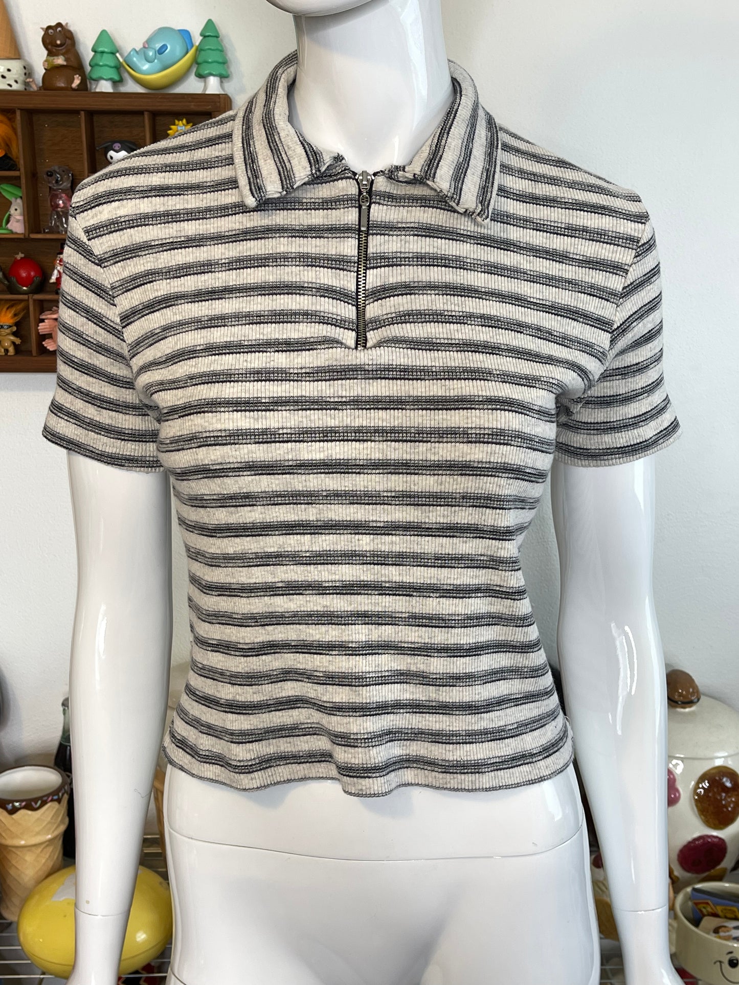 Vintage 90s Striped Ribbed Semi Cropped Collared Top Sz M