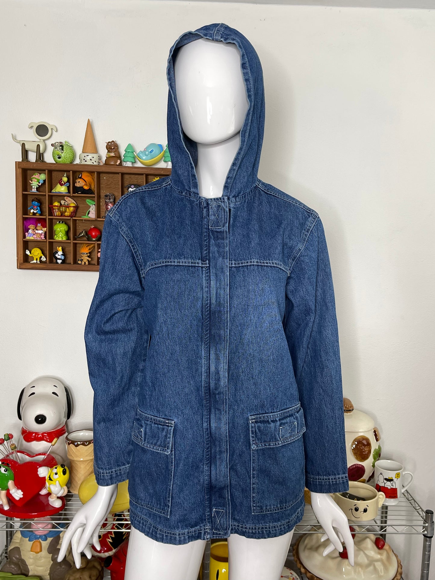 90s Denim Jean Jacket With Hood Sz M