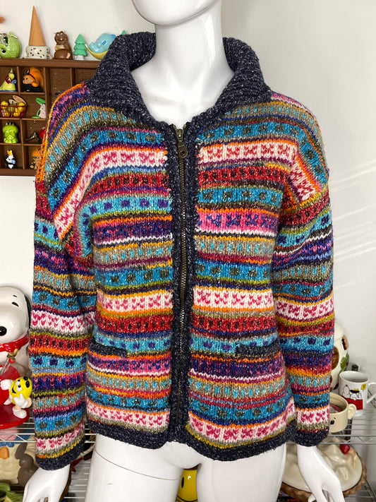 Vintage Colorful Hand Knit Wool Blend Zip-Up Sweater Sz M
