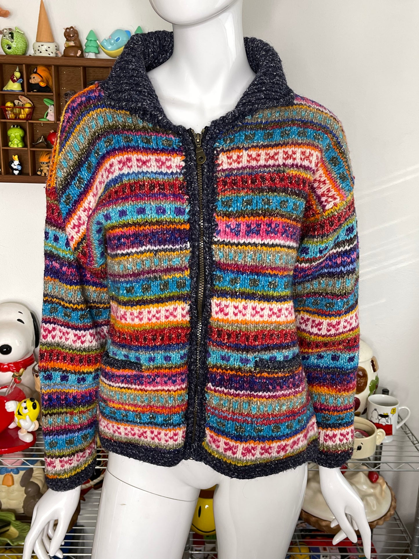 Vintage Colorful Hand Knit Wool Blend Zip-Up Sweater Sz M