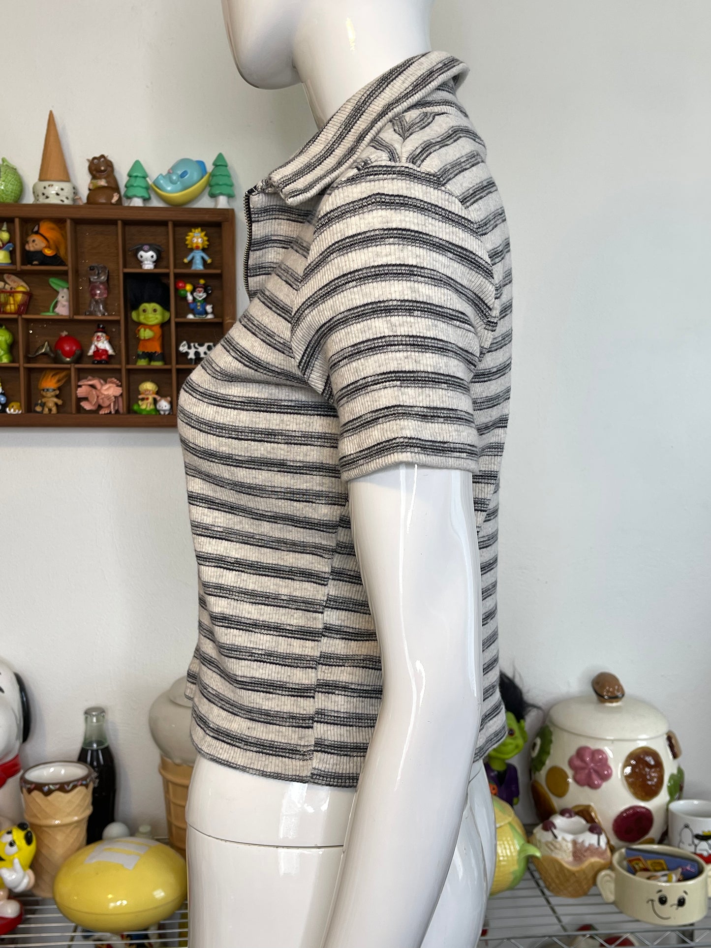 Vintage 90s Striped Ribbed Semi Cropped Collared Top Sz M