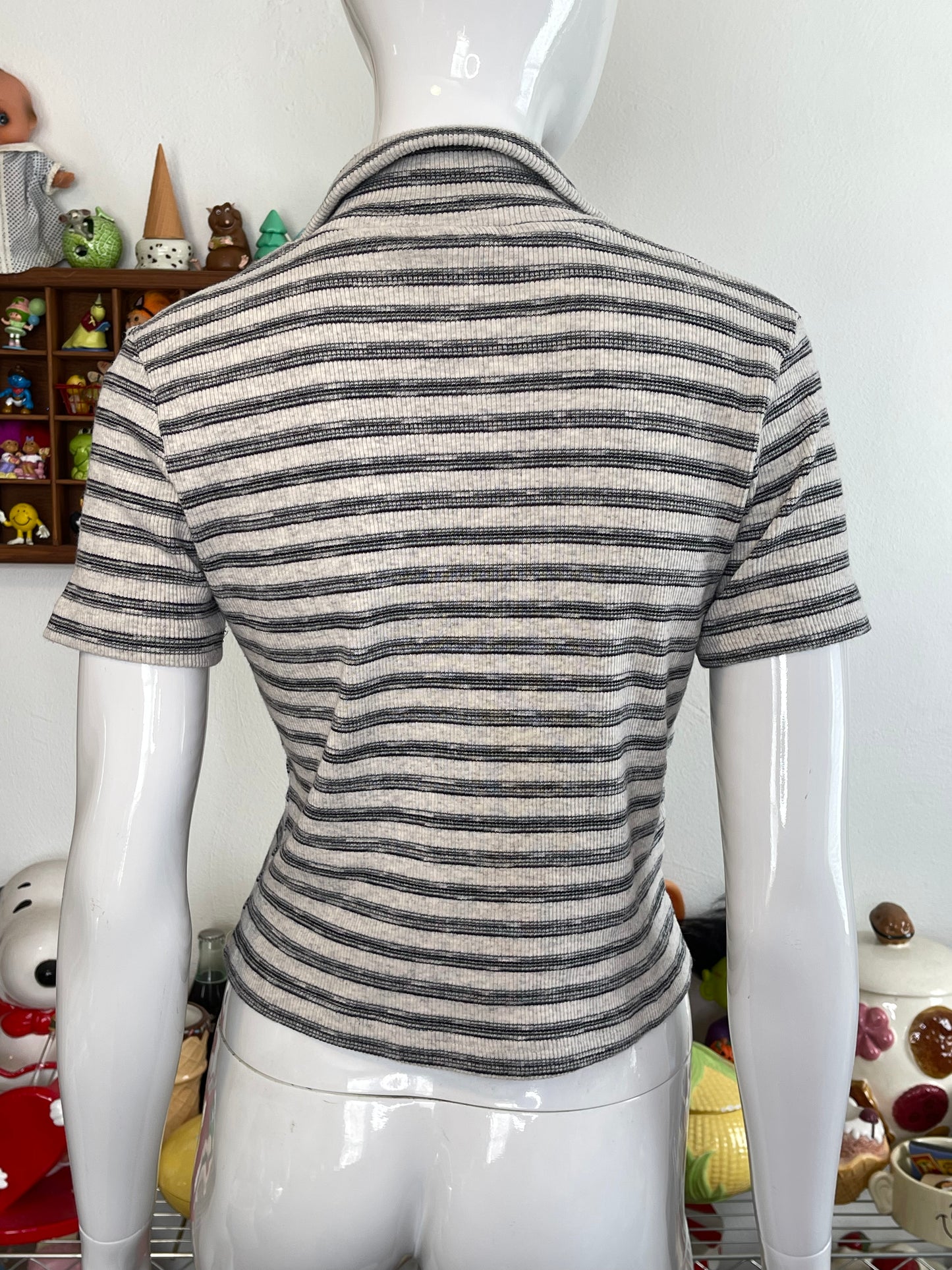 Vintage 90s Striped Ribbed Semi Cropped Collared Top Sz M