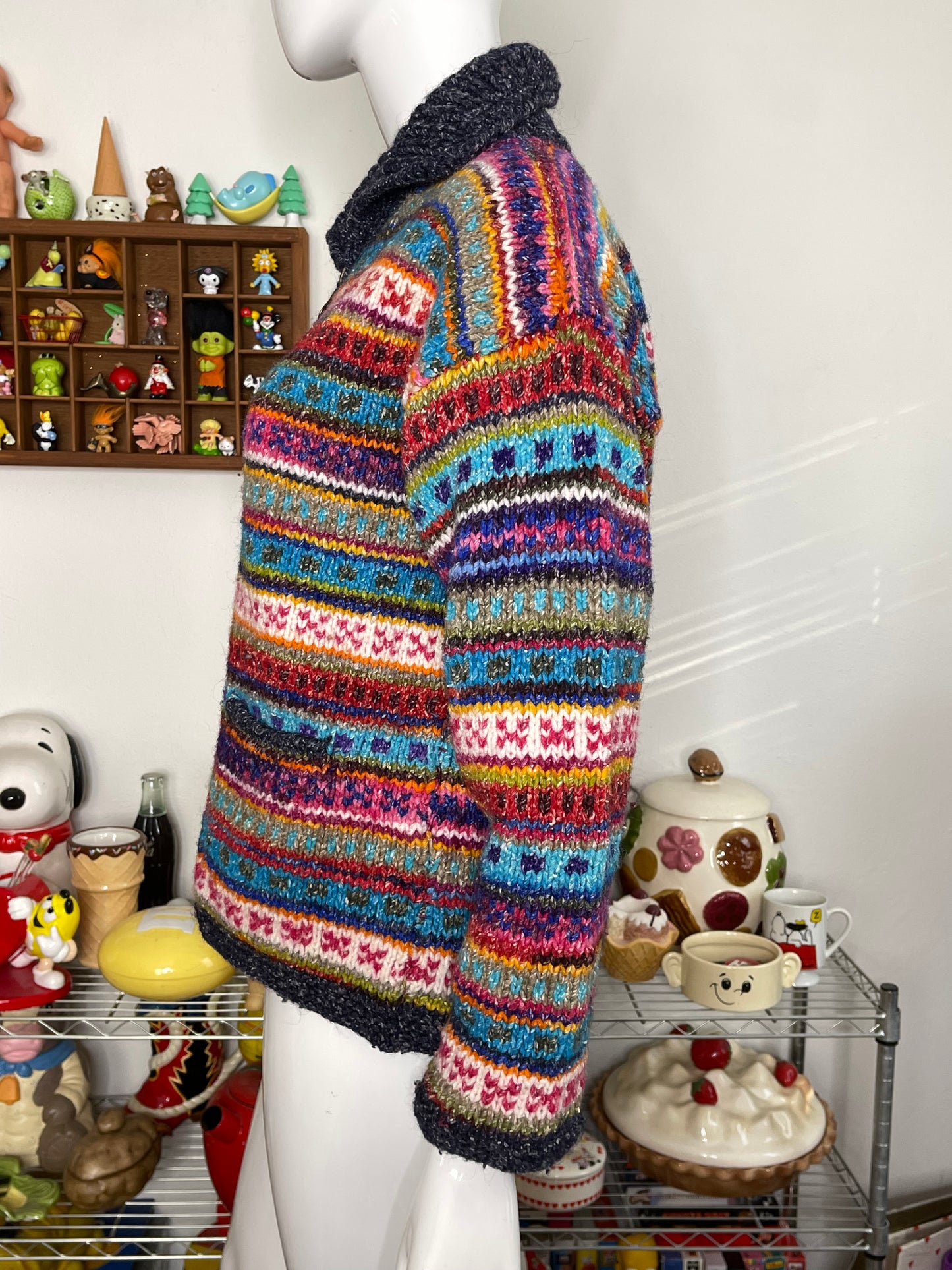 Vintage Colorful Hand Knit Wool Blend Zip-Up Sweater Sz M