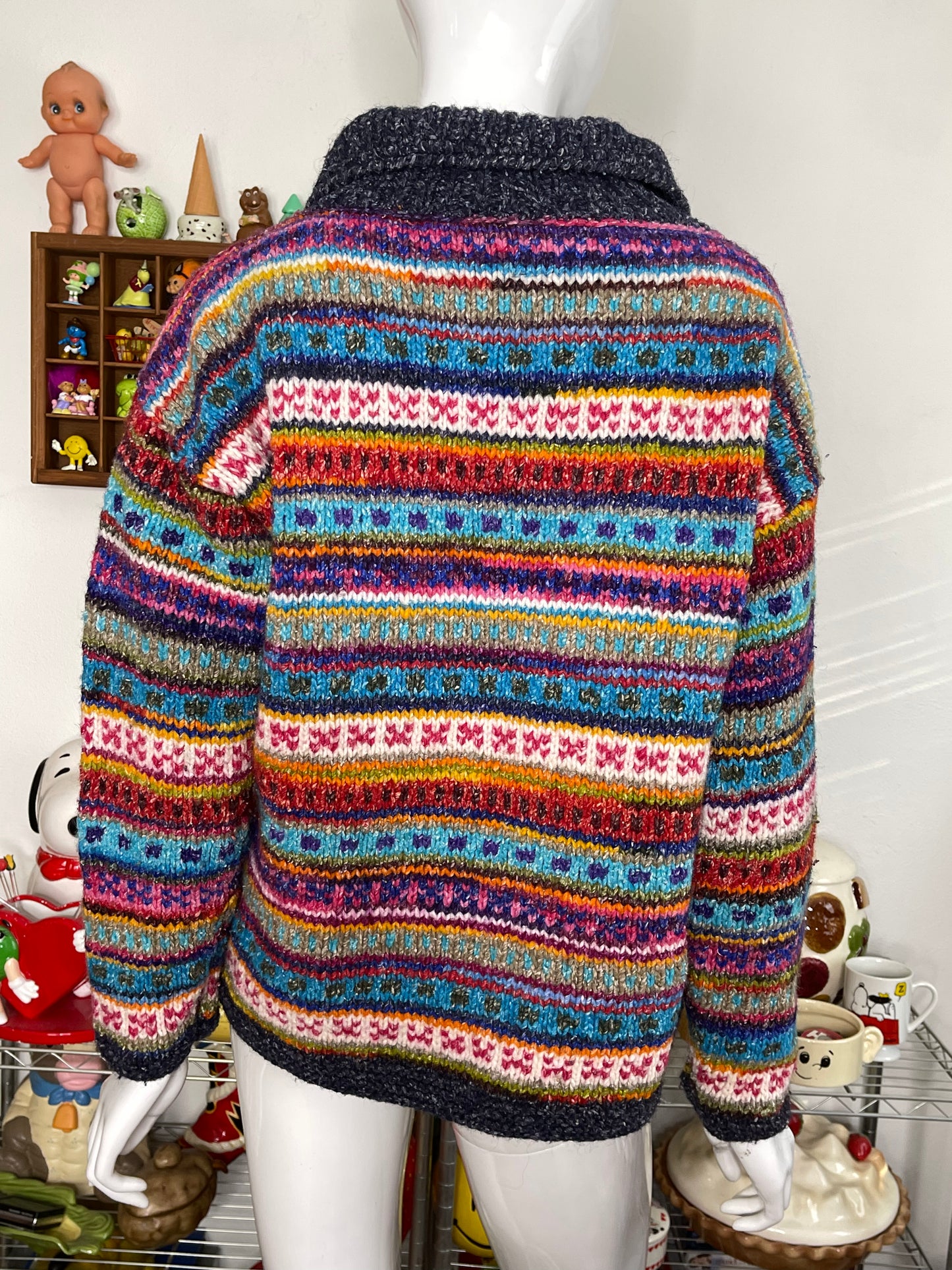 Vintage Colorful Hand Knit Wool Blend Zip-Up Sweater Sz M