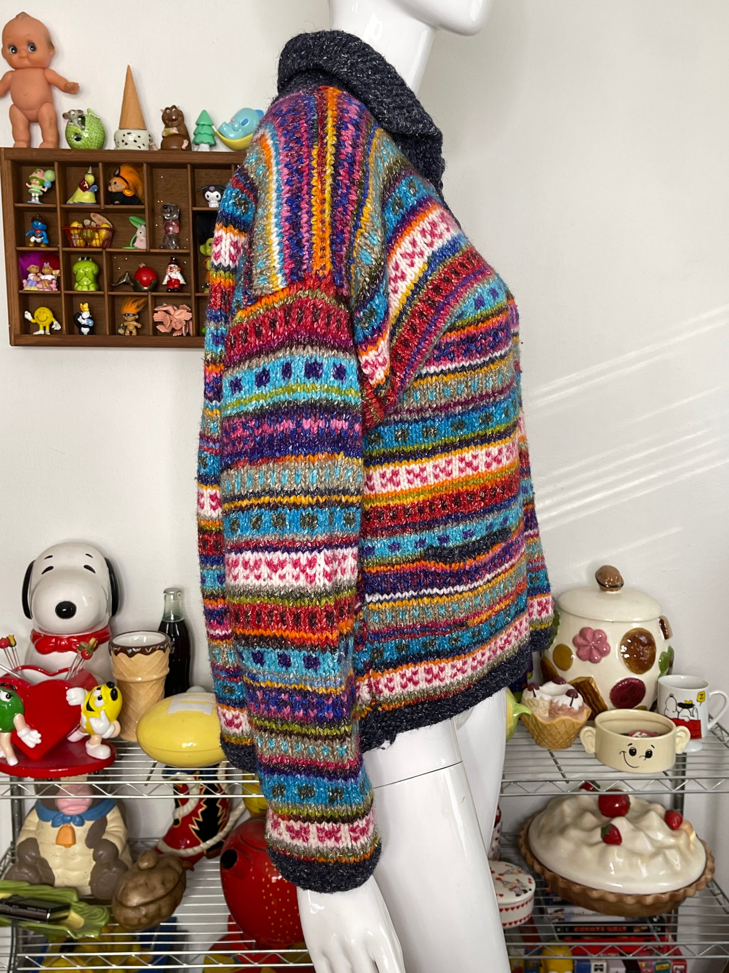 Vintage Colorful Hand Knit Wool Blend Zip-Up Sweater Sz M