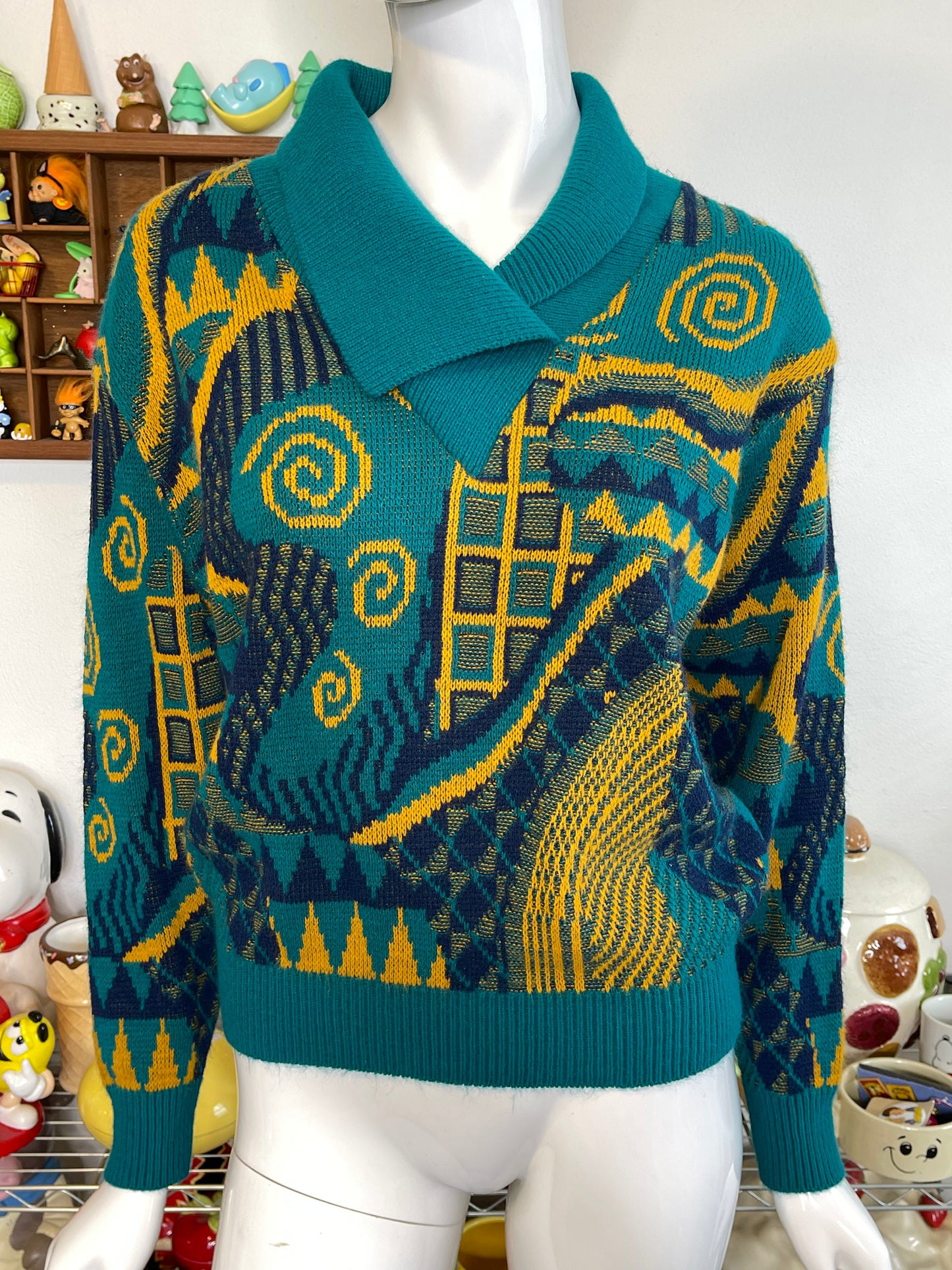 Vintage 90s Teal & Mustard Funky Knit Sweater Sz M