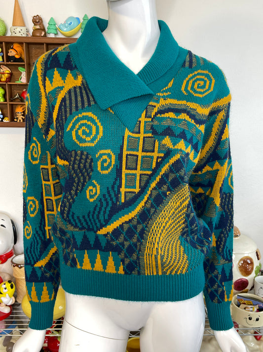 Vintage 90s Teal & Mustard Funky Knit Sweater Sz M