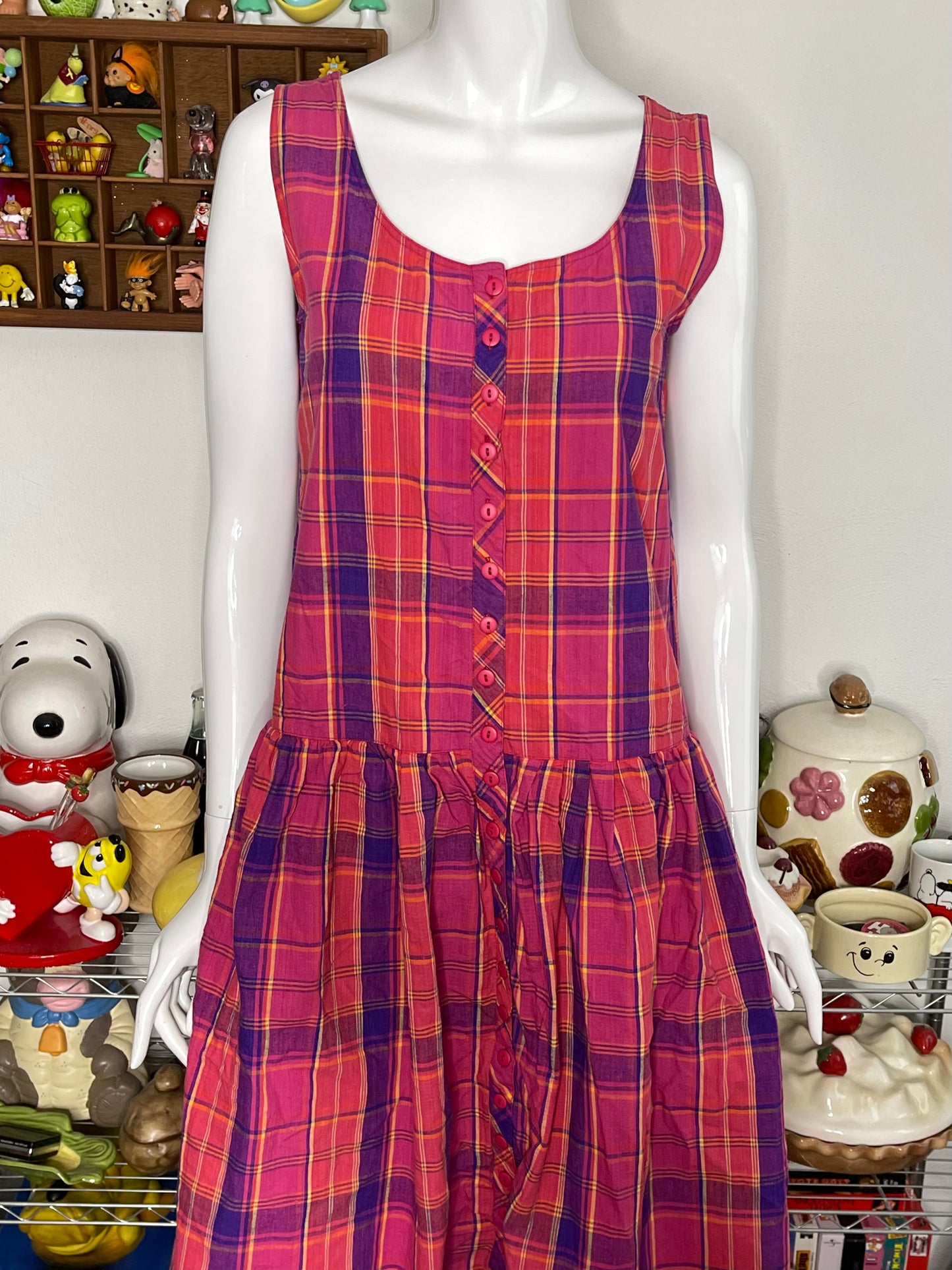 Vintage 90s Colorful Flowy Oversized Plaid Dress Sz M/L